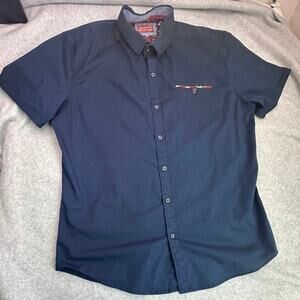 Consequence Men's Short Sleeve Button Down Shirt - Navy Blue Paisley Slim Fit